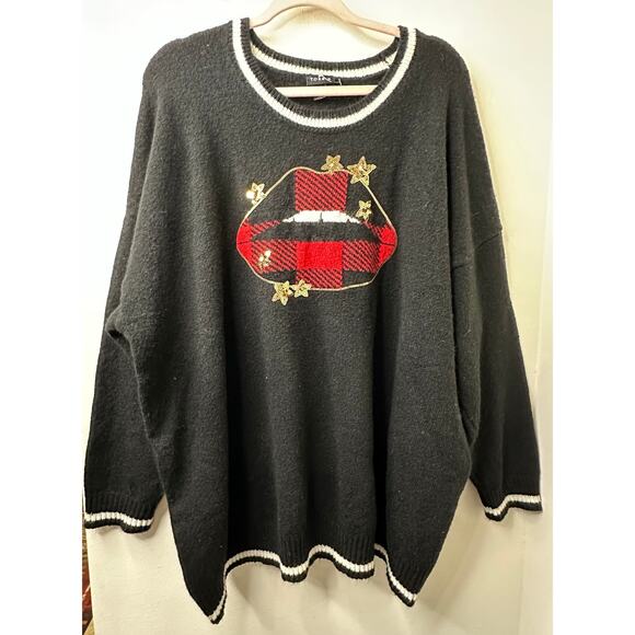 3x Torrid Sweater Black Red Plaid Star Lips Graphic Super Soft Crew Gold Sequin - Picture 2 of 7